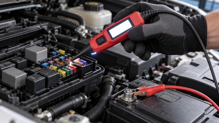 A mechanic's hand holds a power probe tester with its probe near a car fuse box, with the display lit and the alligator clip lying across the battery terminal.