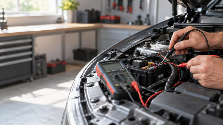 A close view of an automotive short and open circuit finder tracing wires near a fuse box.