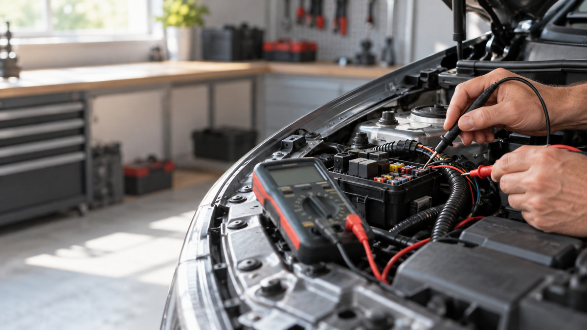 A close view of an automotive short and open circuit finder tracing wires near a fuse box.
