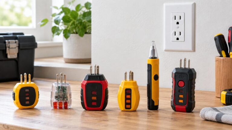 Generic power socket testers are arranged beside a wall outlet on a tidy workbench.