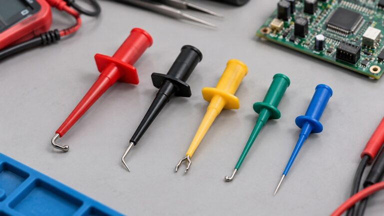 Five colorful power probe hook accessories are aligned on an electronics workbench.
