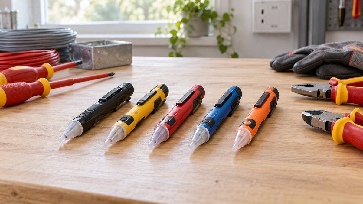 Editorial comparison scene featuring generic proximity voltage detector options in natural light.