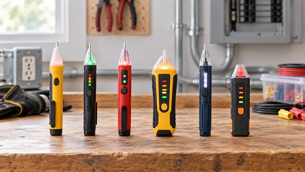 Six proximity voltage testers with varied pen and meter designs organized on an electrician's bench.