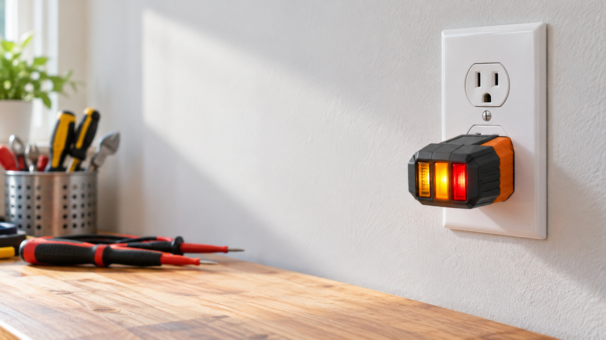 A close-up of a plug-in receptacle tester inserted in a standard North American wall outlet with indicator lights visible.