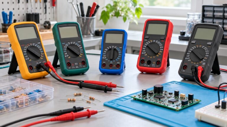 Generic resistance meters and probes are arranged on a bright electronics workbench.
