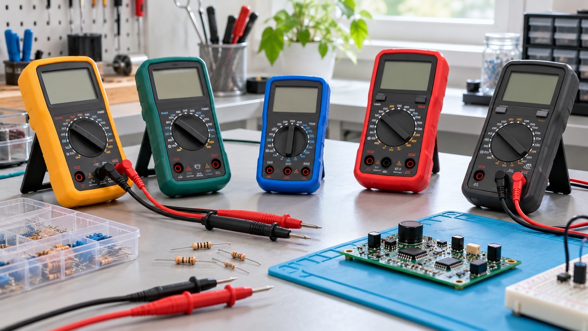 Generic resistance meters and probes are arranged on a bright electronics workbench.