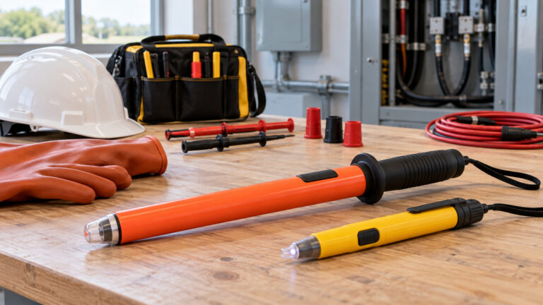 A rugged voltage detector wand and insulated testing accessories.