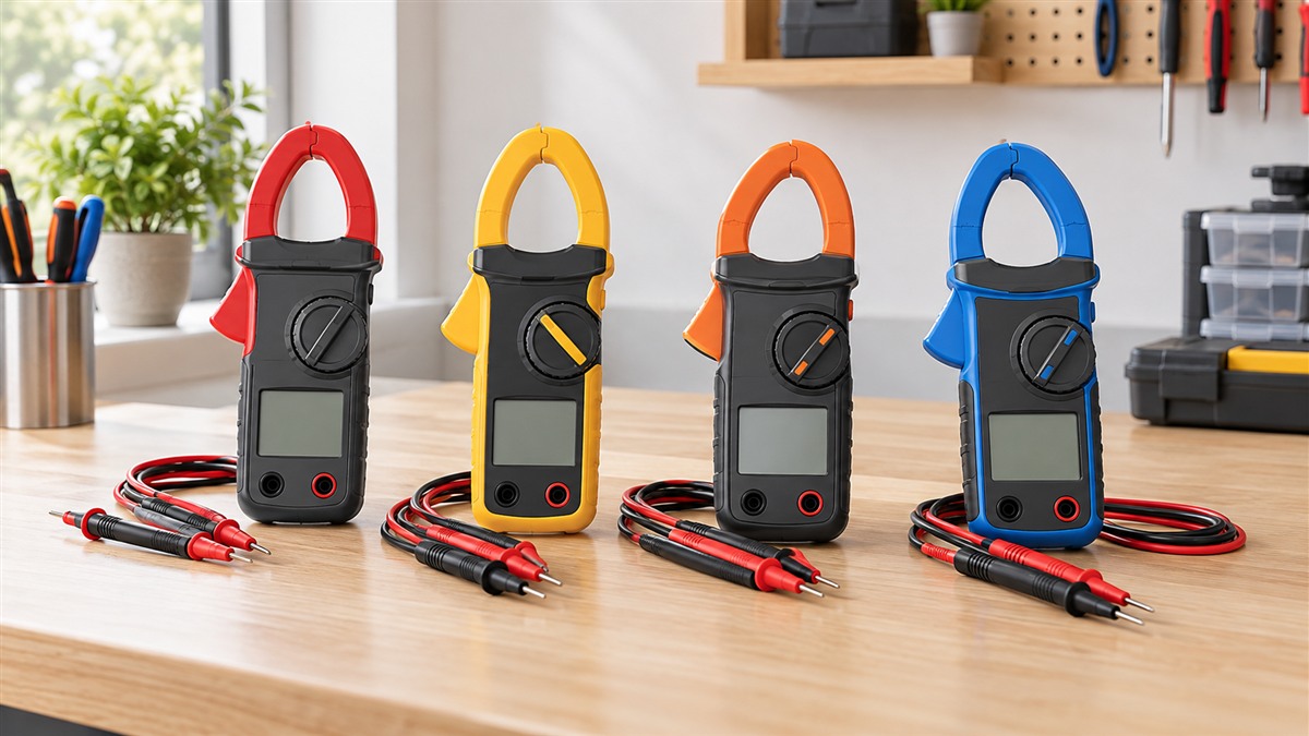 Generic professional clamp meters and test leads arranged side by side on a workbench.