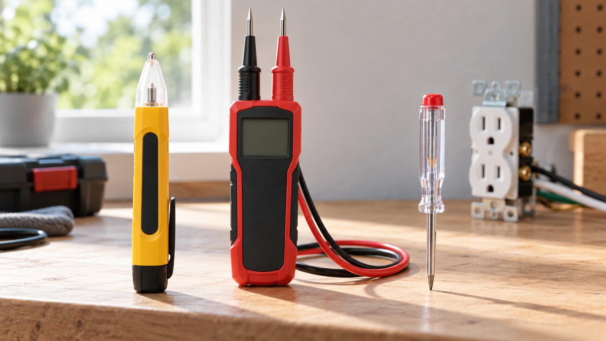 Simple voltage testers with probes and leads sit on a clean workbench.