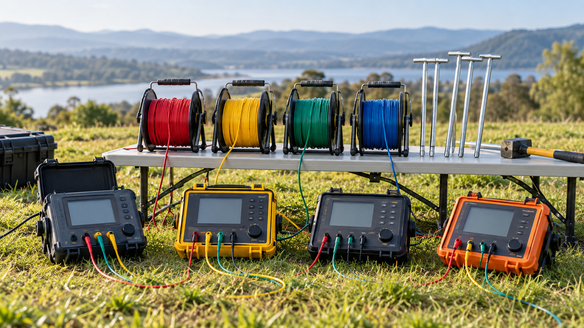 Soil resistivity meters with test-wire reels and ground stakes arranged at an outdoor test site.