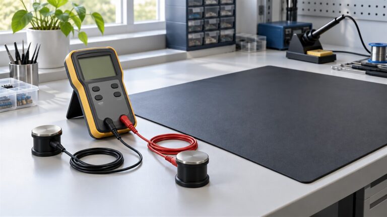 A handheld surface resistivity meter resting beside a flat antistatic mat on a clean bench, with soft daylight from a window.