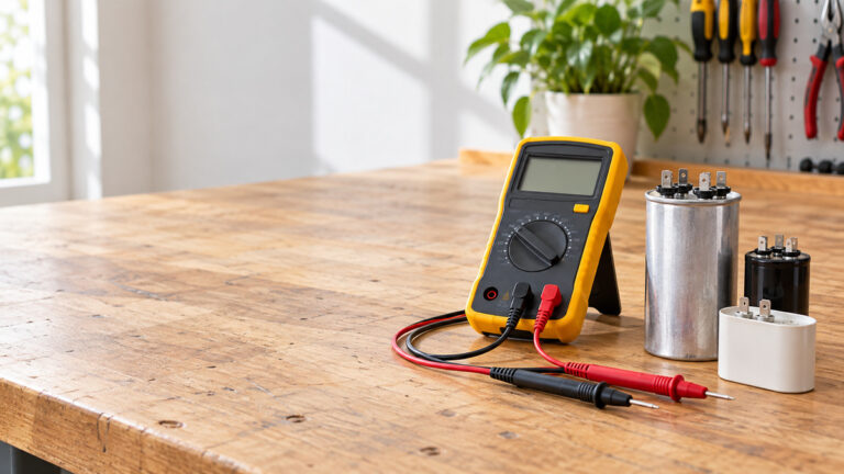 A digital multimeter with test leads next to run and start capacitors on a workbench.