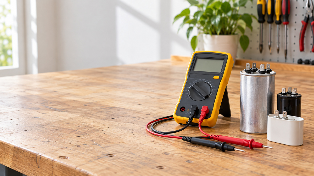 A digital multimeter with test leads next to run and start capacitors on a workbench.