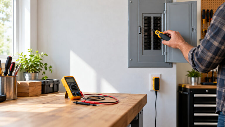 A technician scans a breaker panel with electrical testers nearby.
