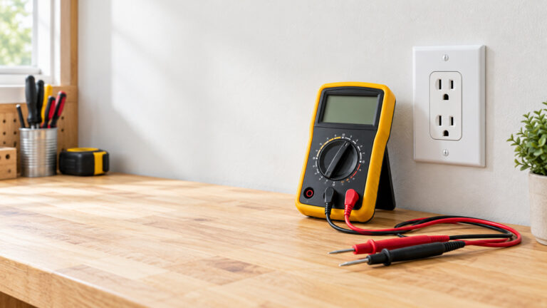 A digital multimeter with test leads next to a standard duplex wall outlet on a workbench.