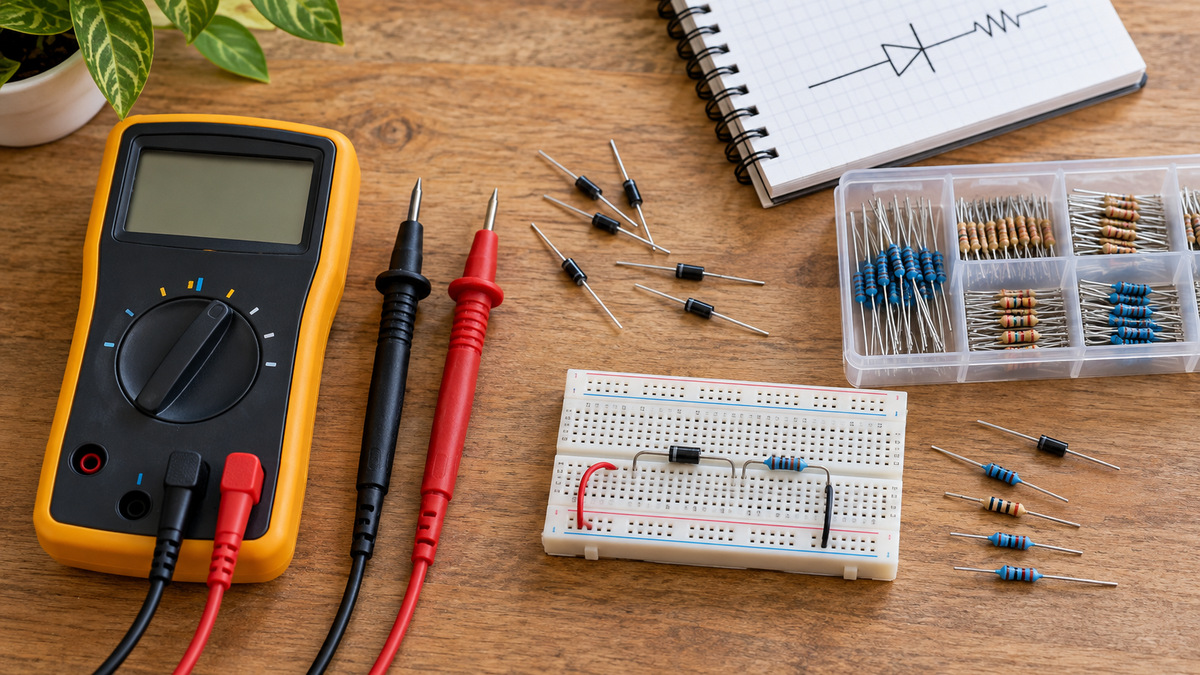 A generic multimeter, probes, zener diodes, breadboard, and resistors on a workbench.