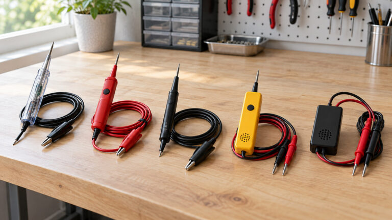 Generic continuity testers and buzzer probes arranged on a workbench.