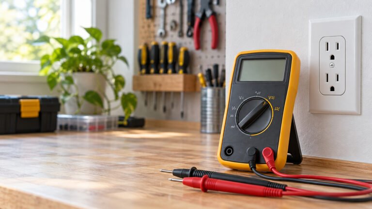 A close-up of a digital multimeter dial set to AC voltage with test leads beside an outlet.