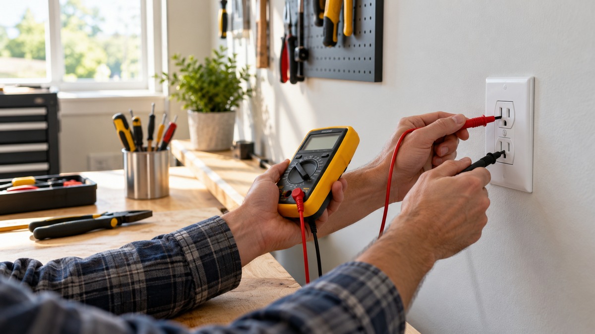 A generic voltage tester safely checking a wall outlet.
