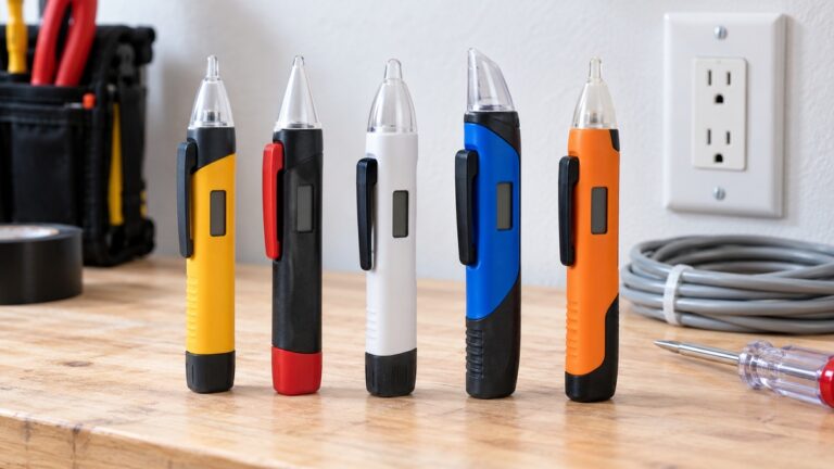 Five unbranded non-contact voltage tester pens stand in a row on a bright electrical workbench.
