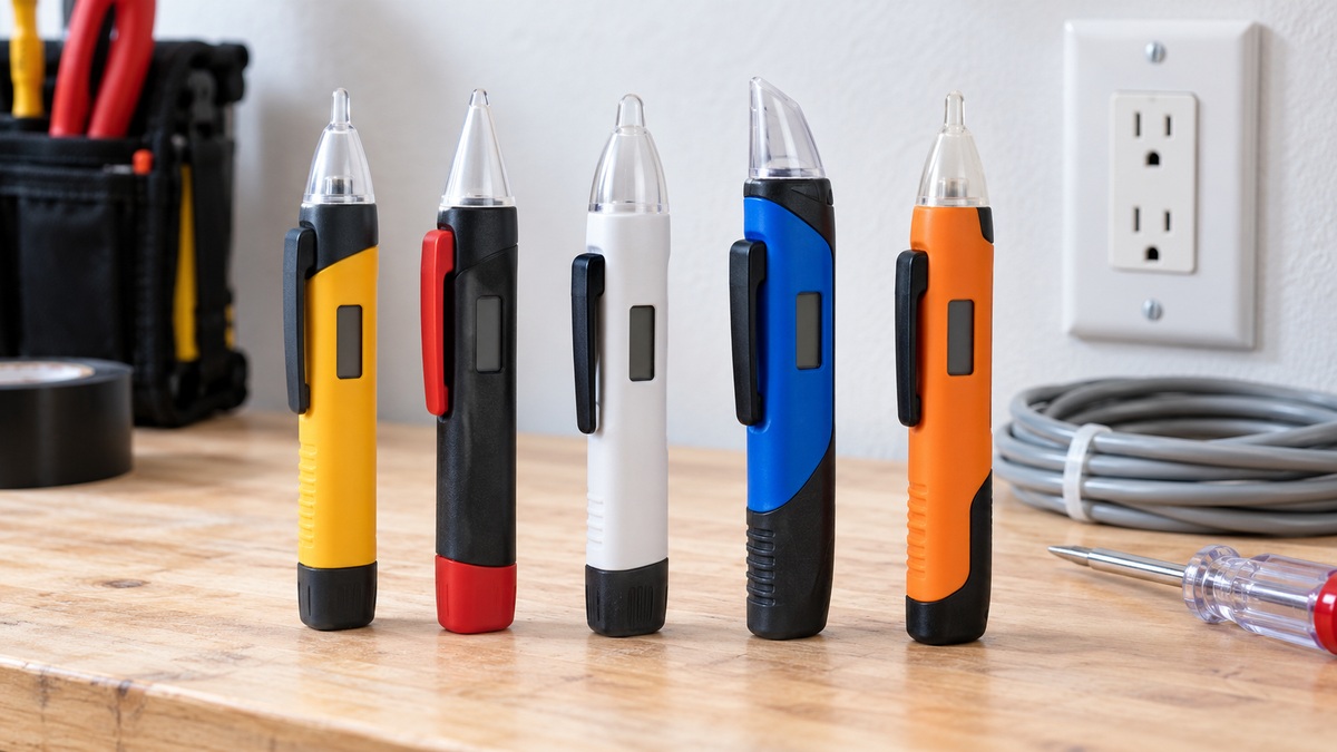 Five unbranded non-contact voltage tester pens stand in a row on a bright electrical workbench.
