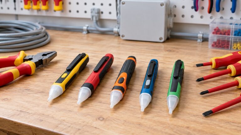 Five pen-style touchless voltage detectors arranged beside insulated electrical tools.