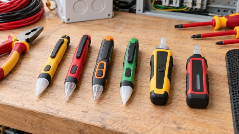 Six touchless voltage testers arranged with insulated tools on an electrician's bench.