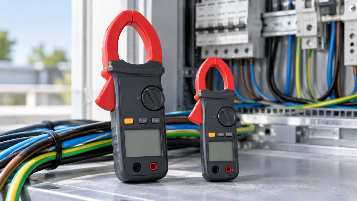 Two generic true-RMS clamp meters arranged around insulated cables.