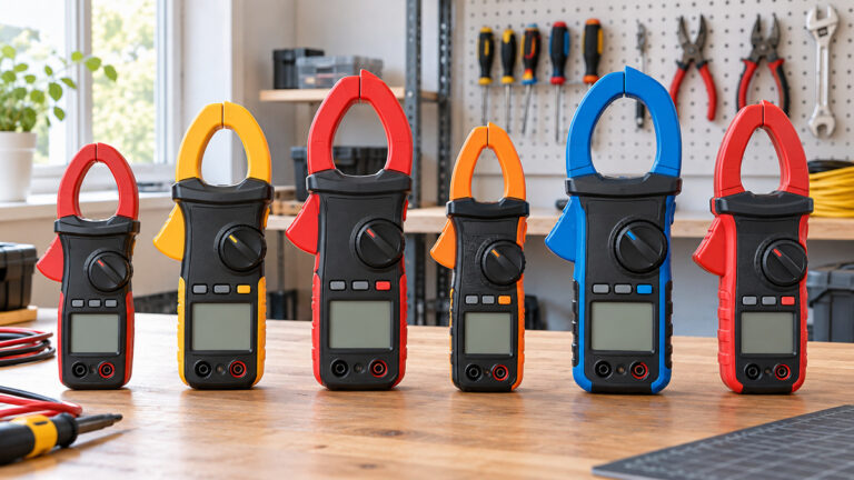 Six generic true RMS digital clamp meters arranged on an organized workshop bench.