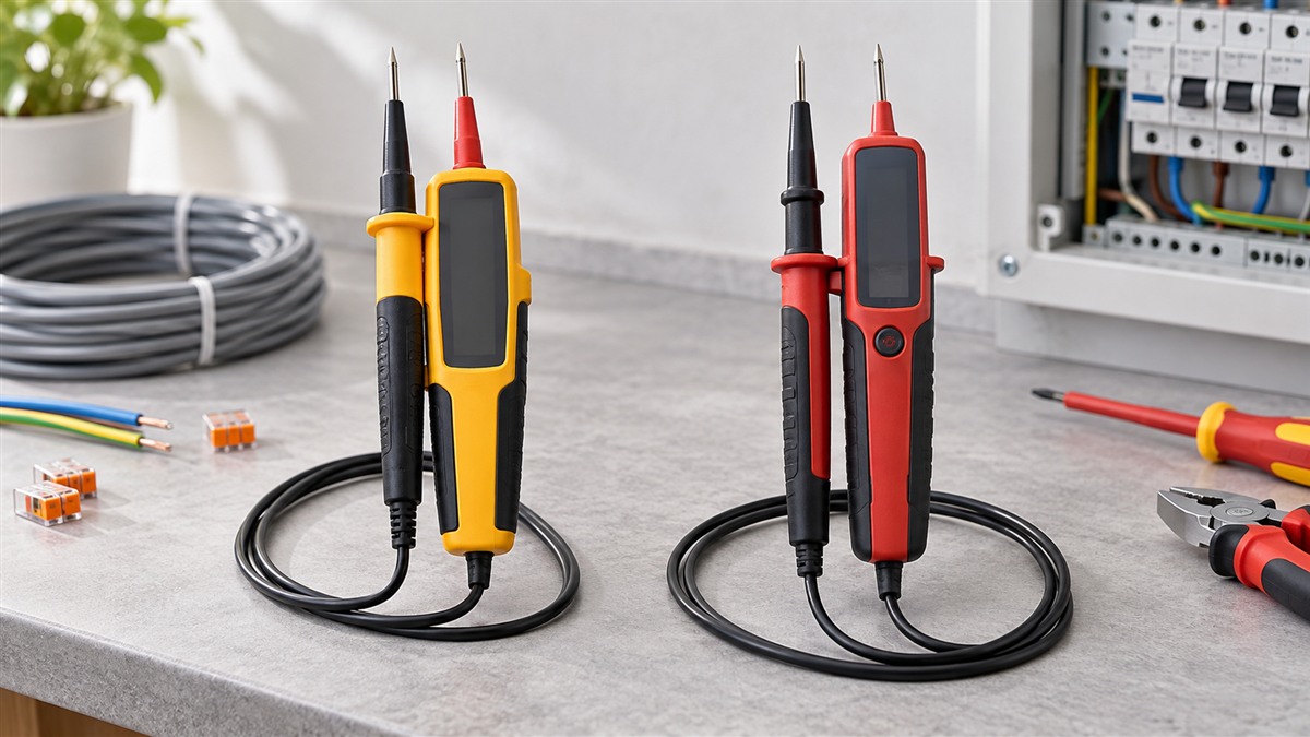 Generic two-pole voltage and continuity testers arranged with probes and cables.