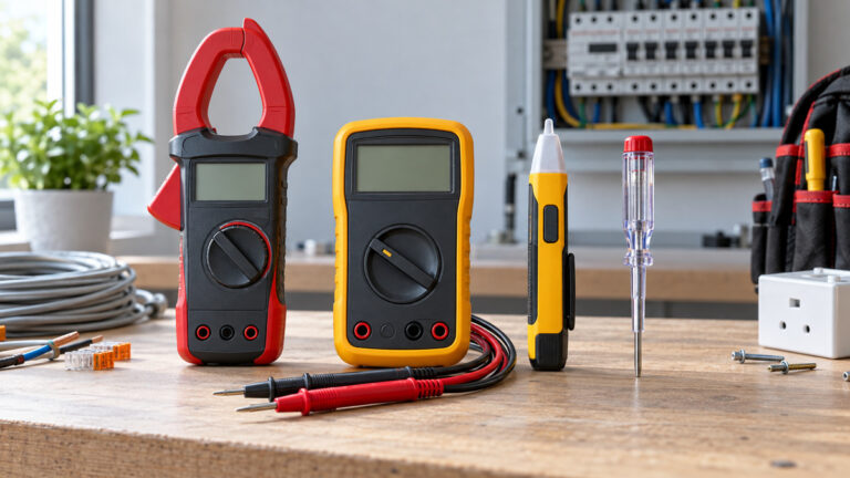 A clean editorial comparison scene showing generic voltage amperage tester options side by side.