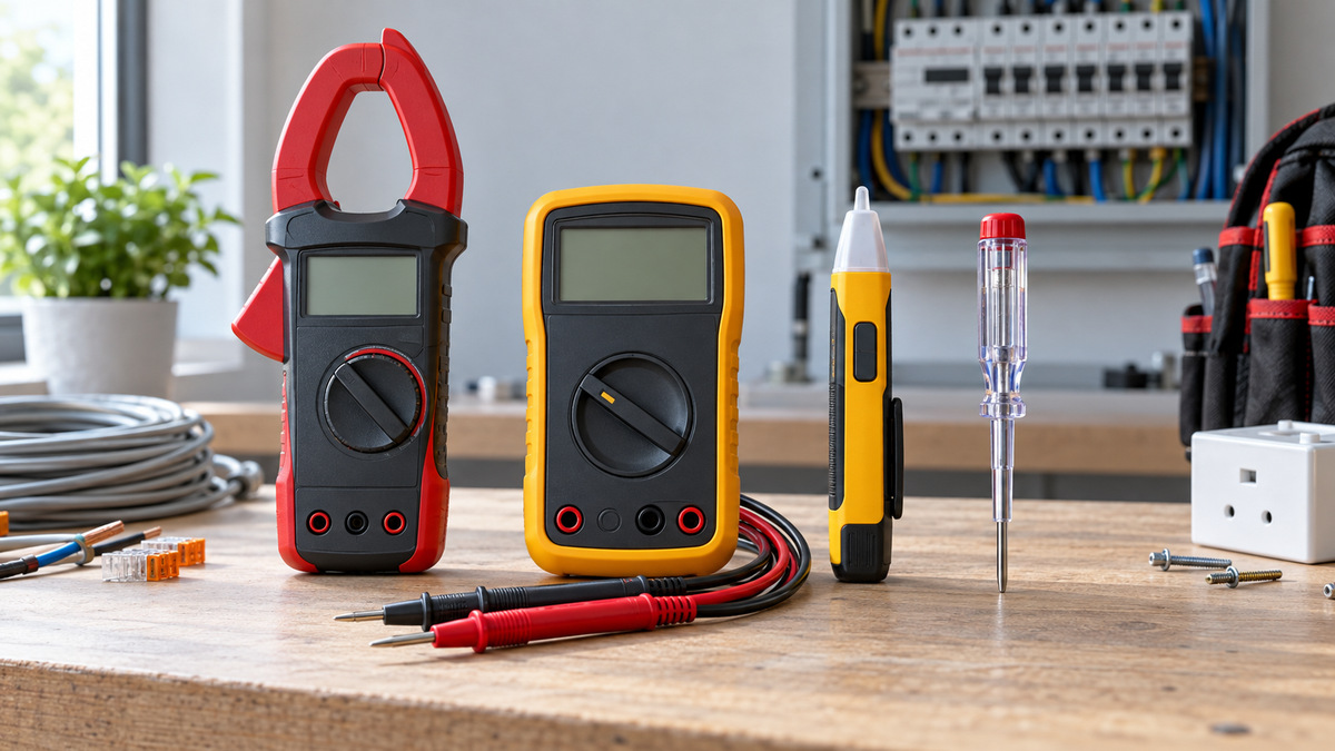 A clean editorial comparison scene showing generic voltage amperage tester options side by side.