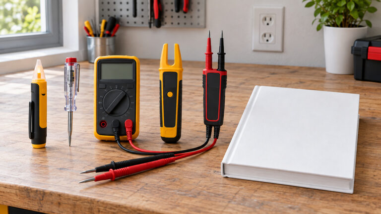Several voltage checking tools with test leads on a tidy workbench.