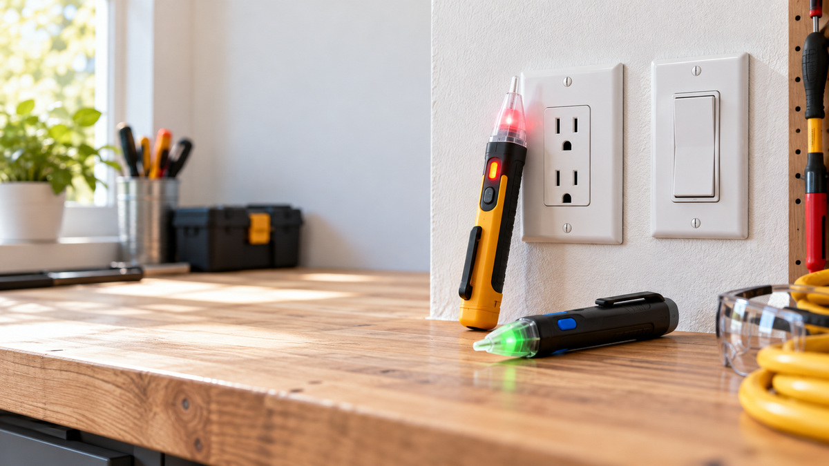 A close-up of pen-style non-contact voltage detectors next to an outlet and switch on a workbench.