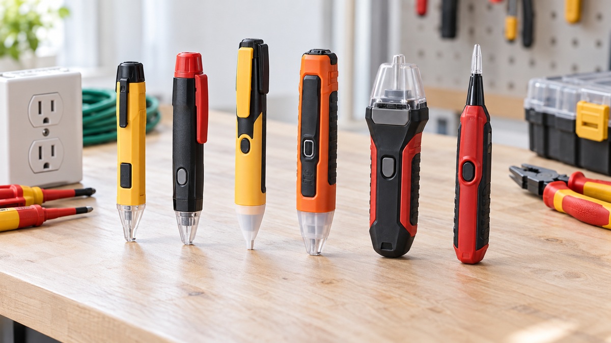 Six unbranded voltage detector testers arranged side by side on a clean workbench.