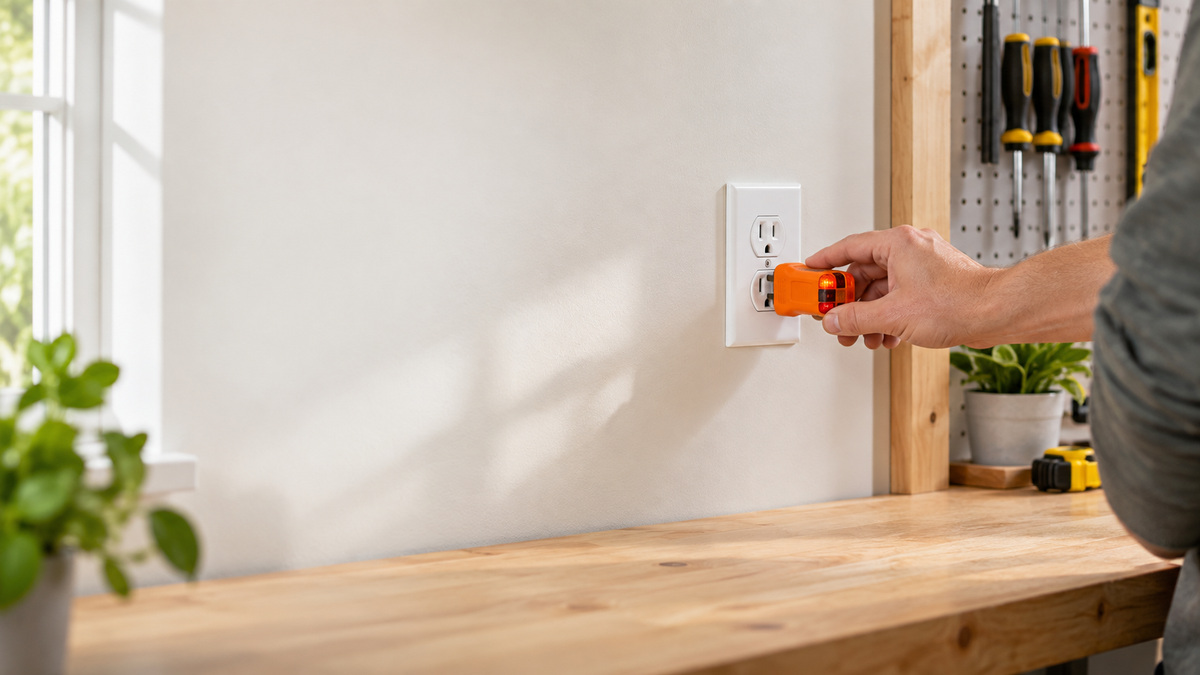 A person plugging an orange outlet circuit analyzer into a wall outlet to check voltage drop.