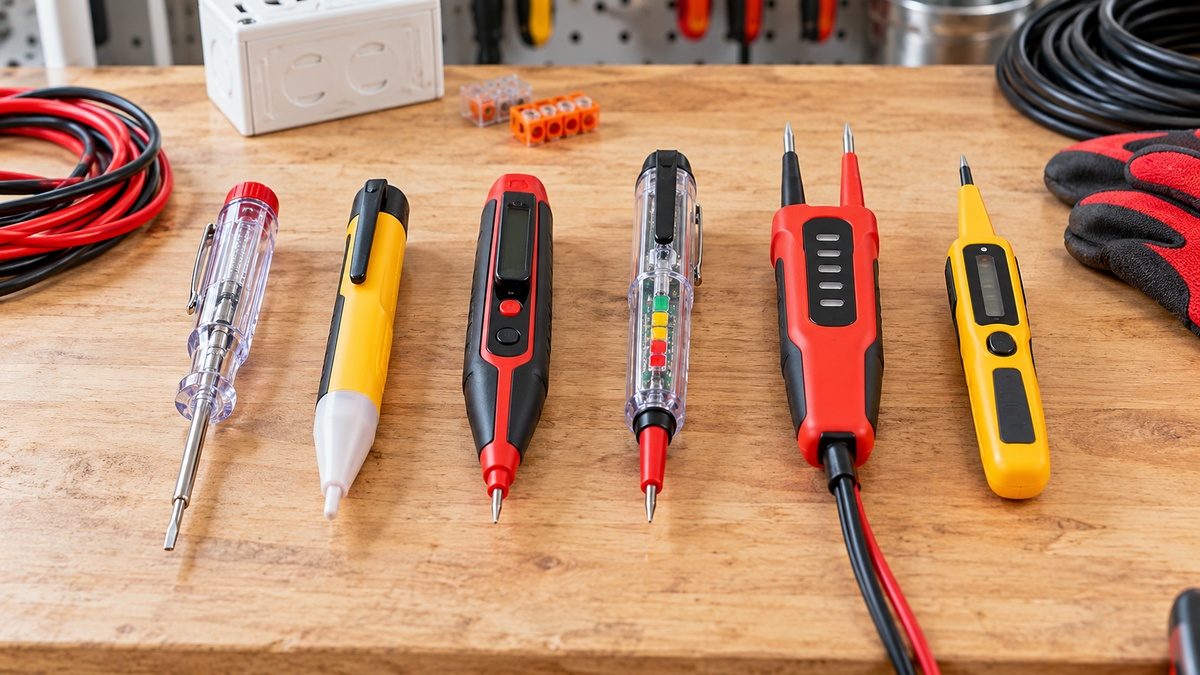 Six unbranded voltage indicators are arranged on an electrician's workbench.
