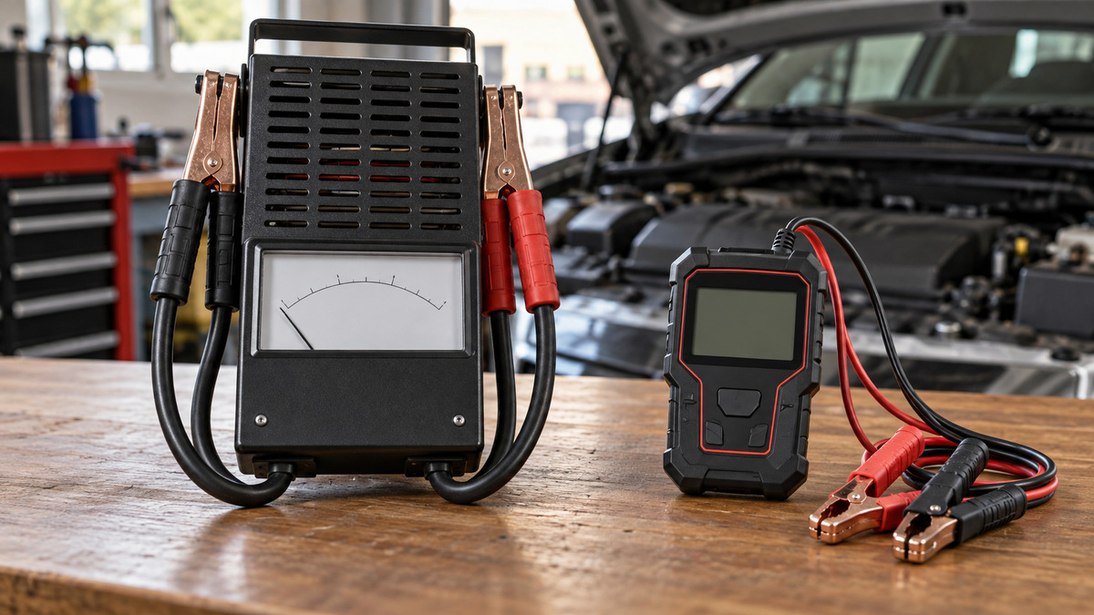 Two generic automotive voltage load testers with clamps and leads on a garage bench.