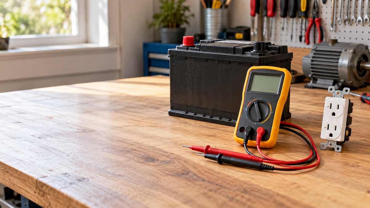 A natural editorial photograph showing a handheld voltage meter tester with test leads next to a car battery and a household outlet on a workbench.