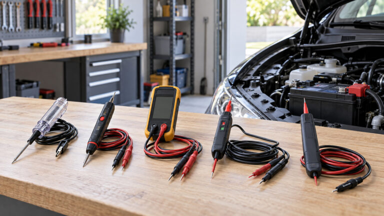 Generic automotive voltage testers arranged beside a car battery area.