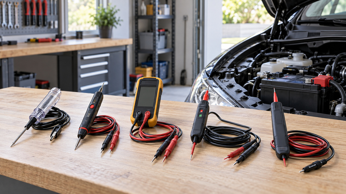 Generic automotive voltage testers arranged beside a car battery area.