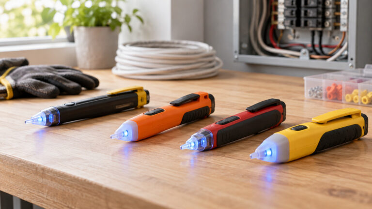 Editorial comparison scene featuring generic voltage tester flashing blue options in natural light.