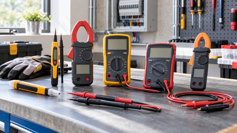 Professional voltage testers, clamp meters, and probes arranged on an electrician's workbench.