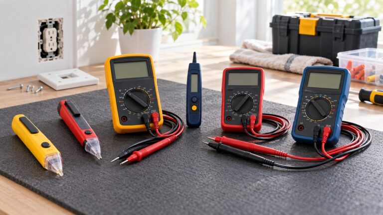 Home-use voltage testers and compact multimeters arranged safely on an insulated workbench.