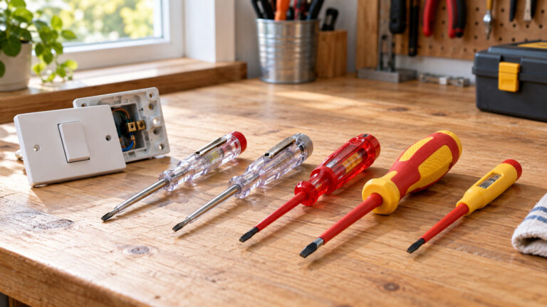 Voltage tester screwdrivers arranged beside a disconnected practice switch on a workbench.