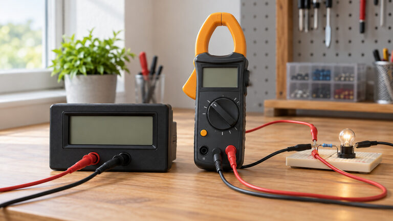 A panel voltmeter and handheld amp meter beside a low-voltage circuit.