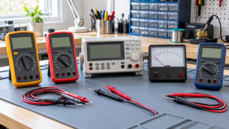 A selection of voltmeters and separated test probes arranged on an insulated electronics workbench.