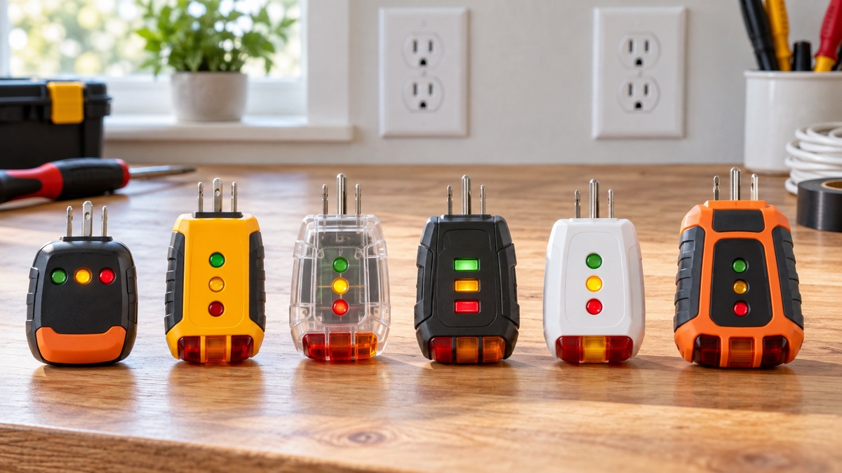 Six wall socket testers arranged for comparison on a home workbench.