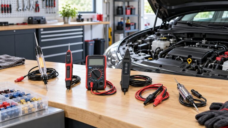 Automotive wire testers are arranged on a tidy garage workbench beside an engine bay.