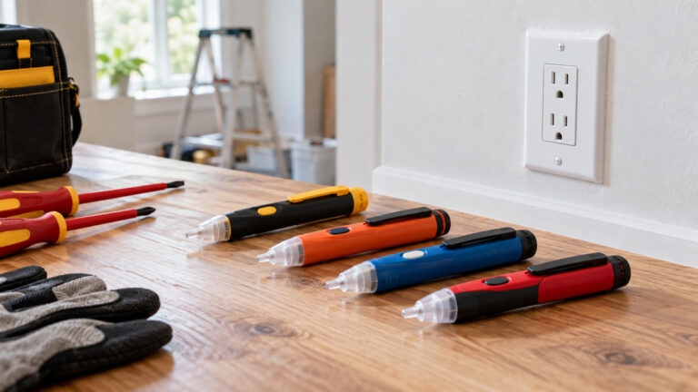 Generic non-contact wire tester pens arranged beside insulated tools and a wall outlet.